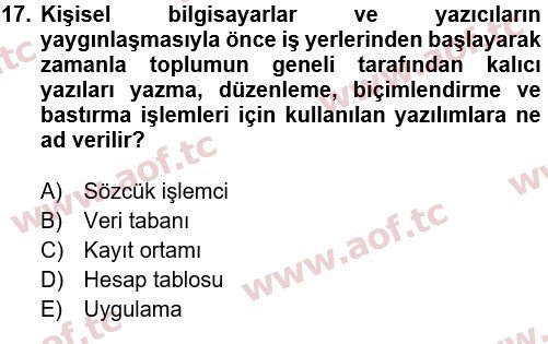 2022 Temel Bilgi Teknolojileri 1 Arasınav 17. Çıkmış Sınav Sorusu