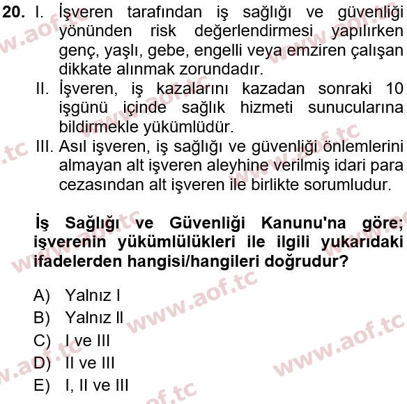2023 İş Sağlığı ve Güvenliği Arasınav 20. Çıkmış Sınav Sorusu