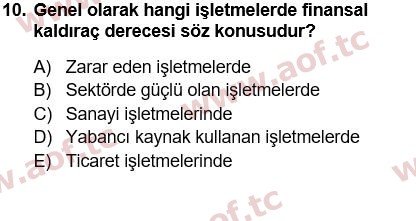 2016 Finansal Yönetim 1 Yaz Okulu 10. Çıkmış Sınav Sorusu