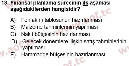 2016 Finansal Yönetim 1 Yaz Okulu 13. Çıkmış Sınav Sorusu