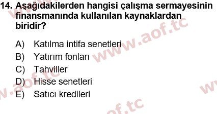 2016 Finansal Yönetim 1 Yaz Okulu 14. Çıkmış Sınav Sorusu