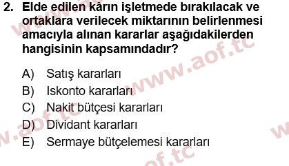 2016 Finansal Yönetim 1 Yaz Okulu 2. Çıkmış Sınav Sorusu