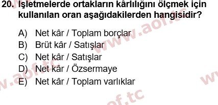 2016 Finansal Yönetim 1 Yaz Okulu 20. Çıkmış Sınav Sorusu