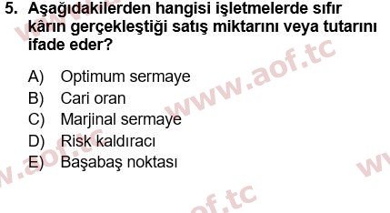 2016 Finansal Yönetim 1 Yaz Okulu 5. Çıkmış Sınav Sorusu