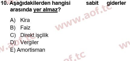 2018 Finansal Yönetim 1 Yaz Okulu 10. Çıkmış Sınav Sorusu