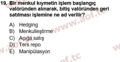 2018 Finansal Yönetim 1 Yaz Okulu 19. Çıkmış Sınav Sorusu