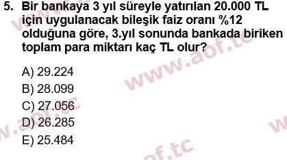 2018 Finansal Yönetim 1 Yaz Okulu 5. Çıkmış Sınav Sorusu