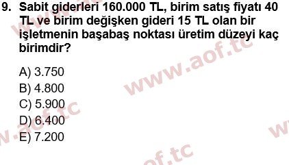 2018 Finansal Yönetim 1 Yaz Okulu 9. Çıkmış Sınav Sorusu