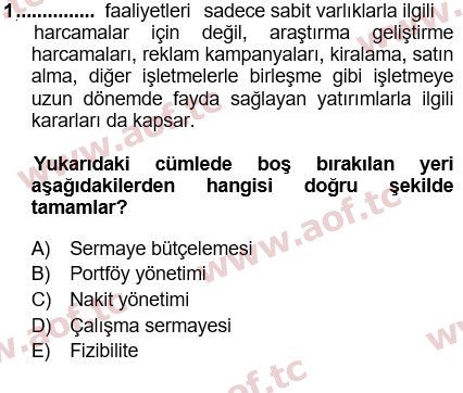 2021 Finansal Yönetim 1 Yaz Okulu 1. Çıkmış Sınav Sorusu