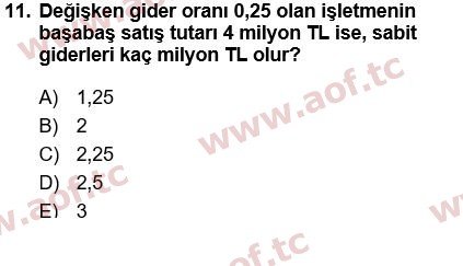 2021 Finansal Yönetim 1 Yaz Okulu 11. Çıkmış Sınav Sorusu