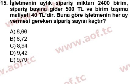 2021 Finansal Yönetim 1 Yaz Okulu 15. Çıkmış Sınav Sorusu