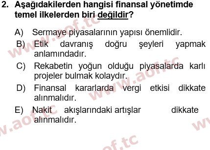 2021 Finansal Yönetim 1 Yaz Okulu 2. Çıkmış Sınav Sorusu