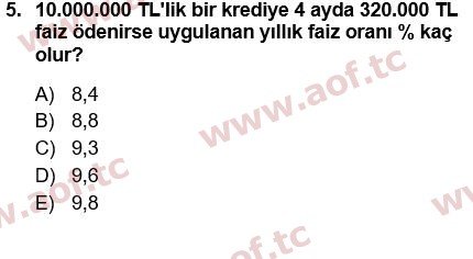 2021 Finansal Yönetim 1 Yaz Okulu 5. Çıkmış Sınav Sorusu