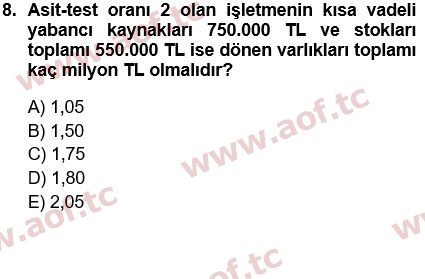 2021 Finansal Yönetim 1 Yaz Okulu 8. Çıkmış Sınav Sorusu