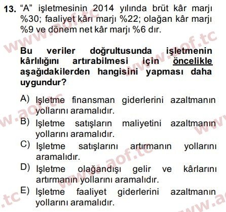 2015 Finansal Tablolar Analizi Final 13. Çıkmış Sınav Sorusu