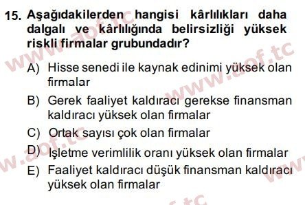 2015 Finansal Tablolar Analizi Final 15. Çıkmış Sınav Sorusu