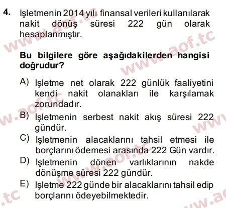 2015 Finansal Tablolar Analizi Final 4. Çıkmış Sınav Sorusu