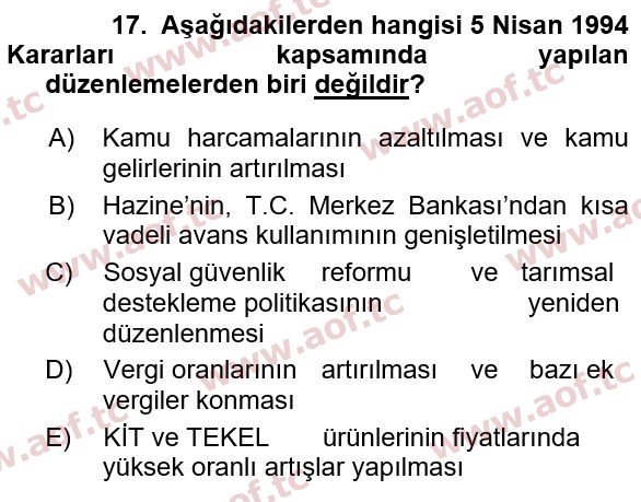 2016 Türkiye Ekonomisi Yaz Okulu 17. Çıkmış Sınav Sorusu