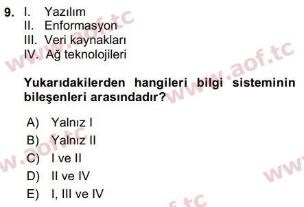 2018 İşletme Bilgi Sistemleri Arasınav 9. Çıkmış Sınav Sorusu