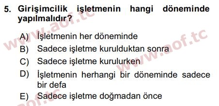 2018 Girişimcilik ve İş Kurma Arasınav 5. Çıkmış Sınav Sorusu