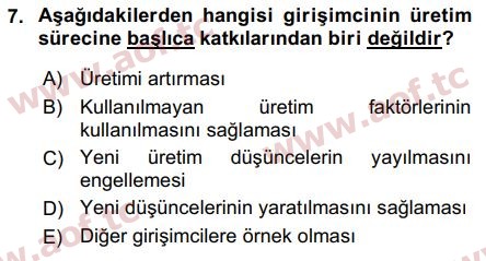 2018 Girişimcilik ve İş Kurma Arasınav 7. Çıkmış Sınav Sorusu
