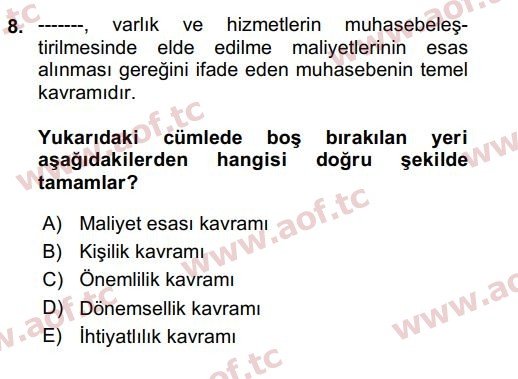 2019 Genel Muhasebe 1 Arasınav 8. Çıkmış Sınav Sorusu