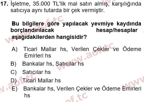 2024 Genel Muhasebe 1 Arasınav 17. Çıkmış Sınav Sorusu