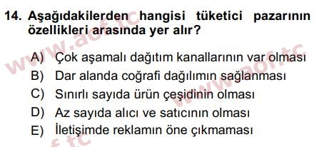 2019 Pazarlama Yönetimi Arasınav 14. Çıkmış Sınav Sorusu