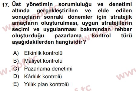 2019 Pazarlama Yönetimi Arasınav 17. Çıkmış Sınav Sorusu