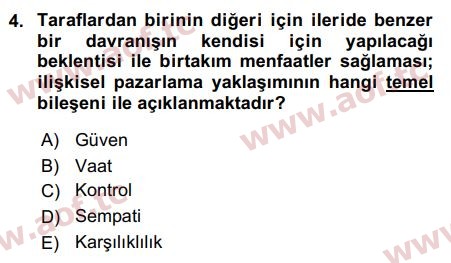 2019 Pazarlama Yönetimi Arasınav 4. Çıkmış Sınav Sorusu
