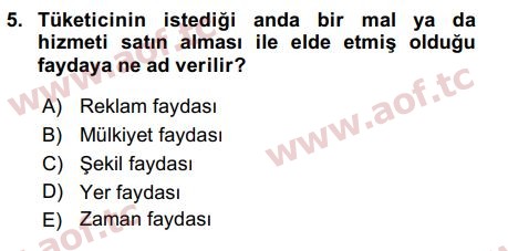 2019 Pazarlama Yönetimi Arasınav 5. Çıkmış Sınav Sorusu