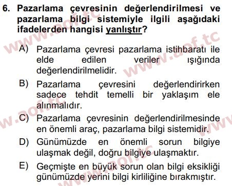 2019 Pazarlama Yönetimi Arasınav 6. Çıkmış Sınav Sorusu