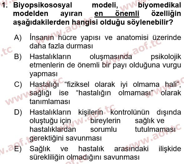 2022 Sağlık Psikolojisi Yaz Okulu 1. Çıkmış Sınav Sorusu