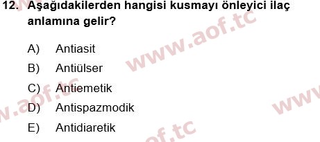 2018 Tıp Terimleri Yaz Okulu 12. Çıkmış Sınav Sorusu