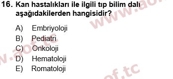 2018 Tıp Terimleri Yaz Okulu 16. Çıkmış Sınav Sorusu