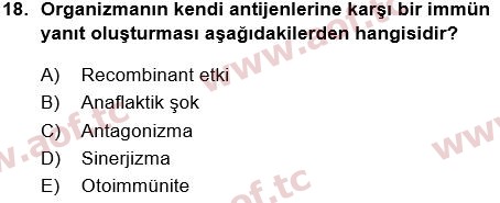 2018 Tıp Terimleri Yaz Okulu 18. Çıkmış Sınav Sorusu