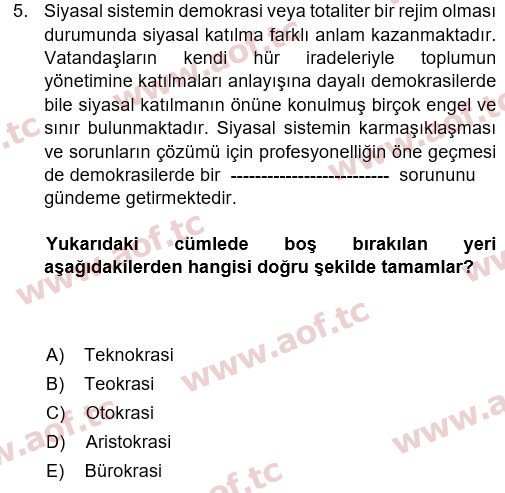 2021 Siyaset Bilimi Yaz Okulu 5. Çıkmış Sınav Sorusu