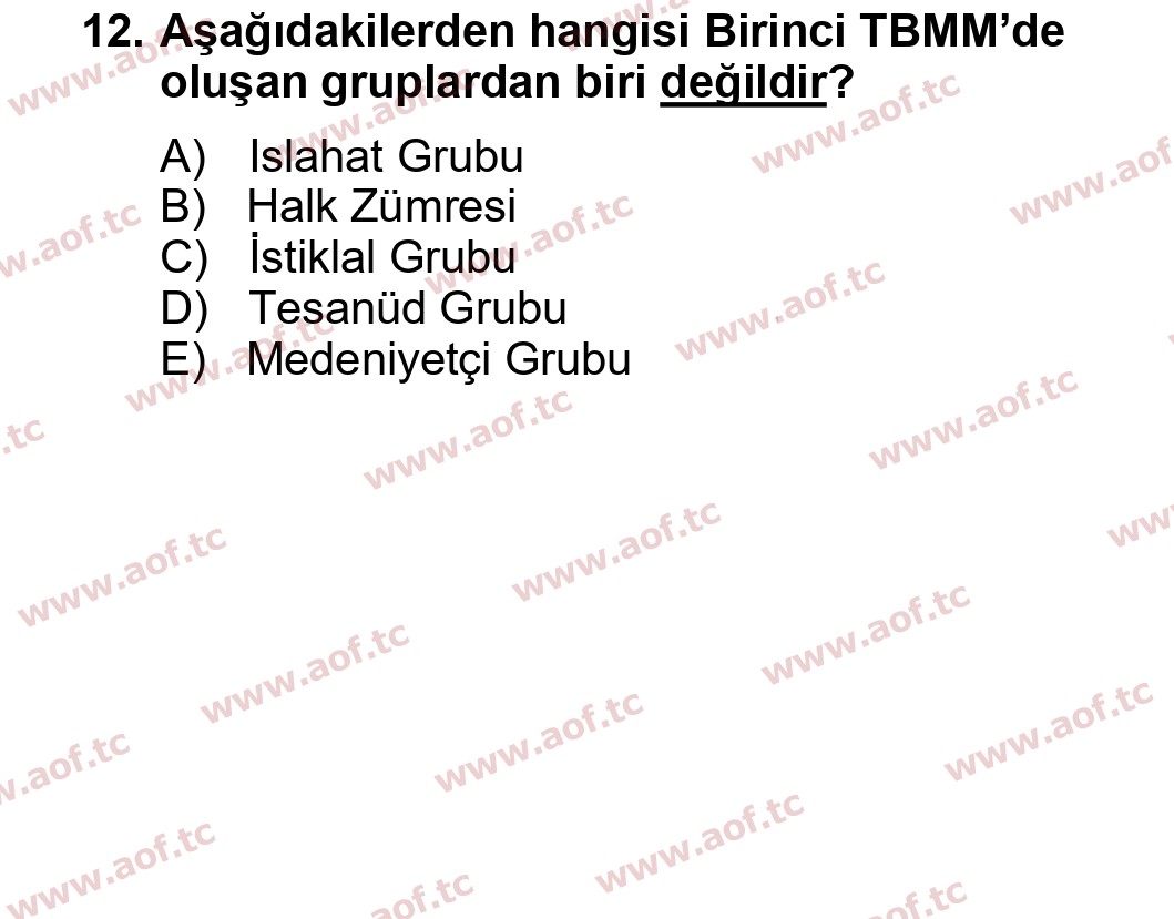2015 Atatürk İlkeleri ve İnkılap Tarihi 1 Yaz Okulu 12. Çıkmış Sınav Sorusu