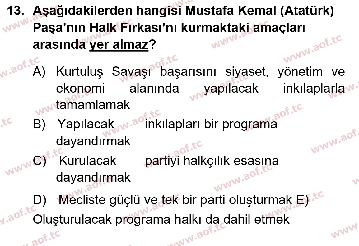 2015 Atatürk İlkeleri ve İnkılap Tarihi 1 Yaz Okulu 13. Çıkmış Sınav Sorusu