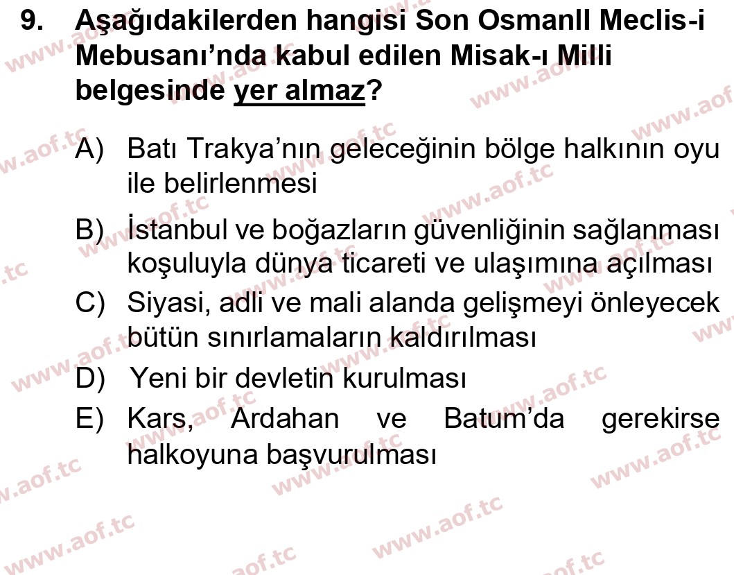 2015 Atatürk İlkeleri ve İnkılap Tarihi 1 Yaz Okulu 9. Çıkmış Sınav Sorusu