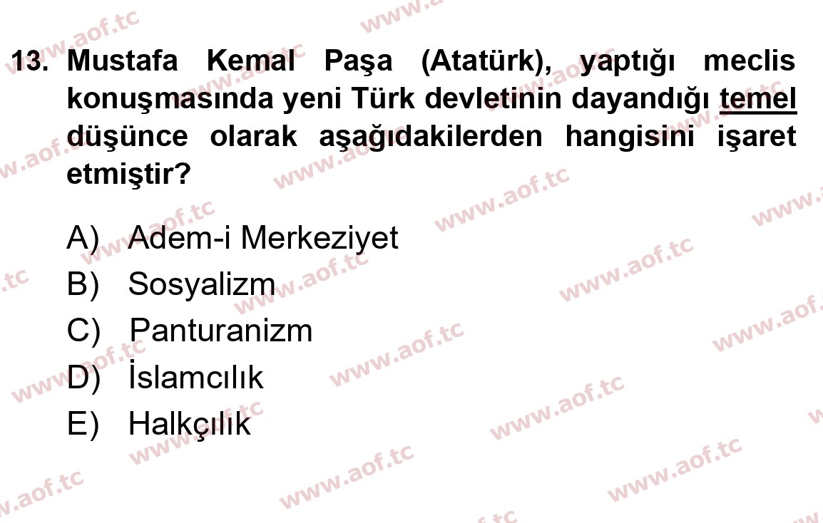 2016 Atatürk İlkeleri ve İnkılap Tarihi 1 Yaz Okulu 13. Çıkmış Sınav Sorusu