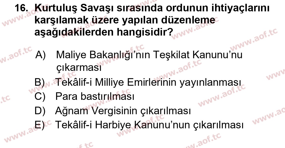 2016 Atatürk İlkeleri ve İnkılap Tarihi 1 Yaz Okulu 16. Çıkmış Sınav Sorusu