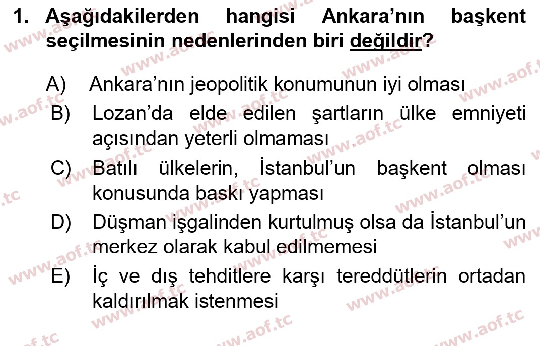 2017 Atatürk İlkeleri ve İnkılap Tarihi 1 Yaz Okulu 1. Çıkmış Sınav Sorusu