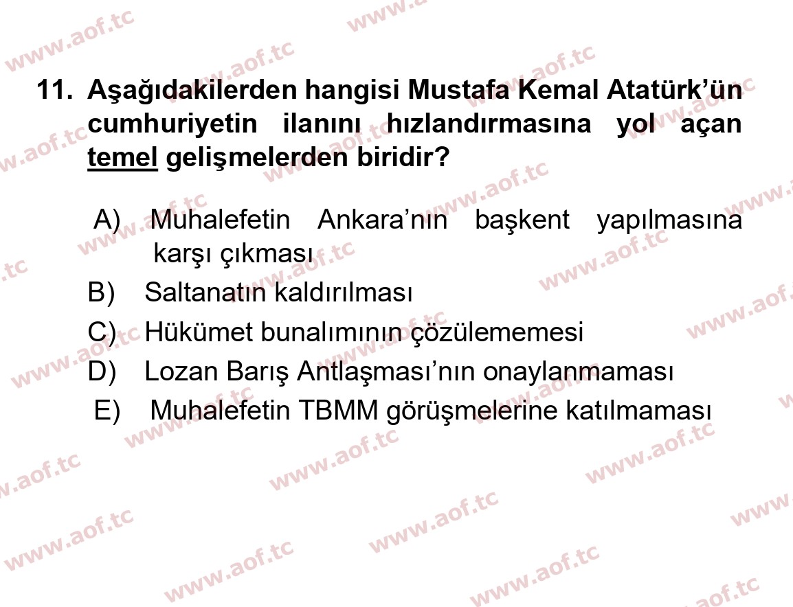 2017 Atatürk İlkeleri ve İnkılap Tarihi 1 Yaz Okulu 11. Çıkmış Sınav Sorusu