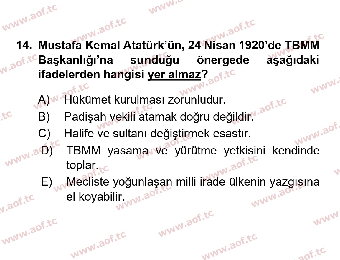 2017 Atatürk İlkeleri ve İnkılap Tarihi 1 Yaz Okulu 14. Çıkmış Sınav Sorusu