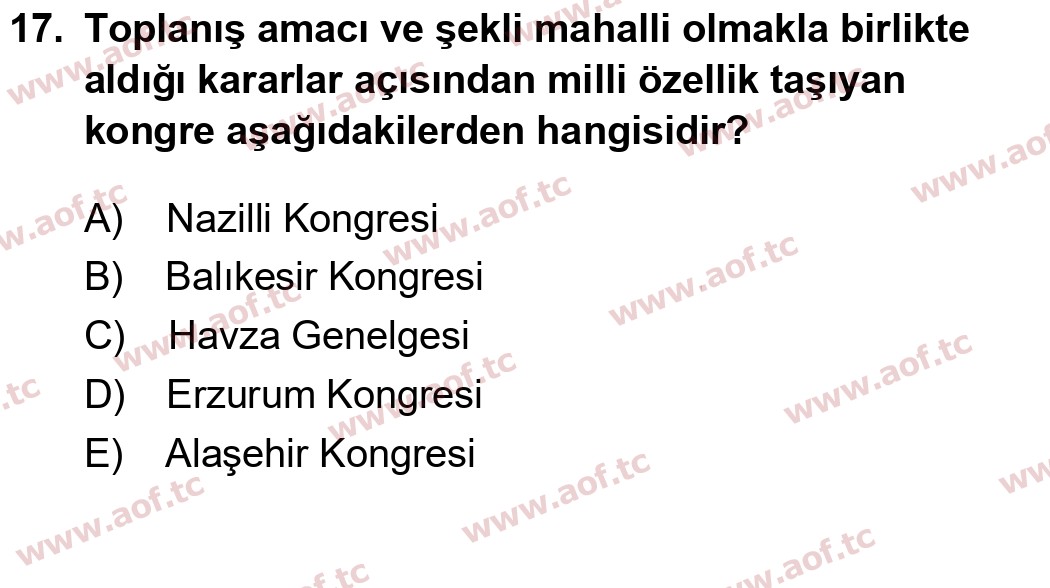 2017 Atatürk İlkeleri ve İnkılap Tarihi 1 Yaz Okulu 17. Çıkmış Sınav Sorusu