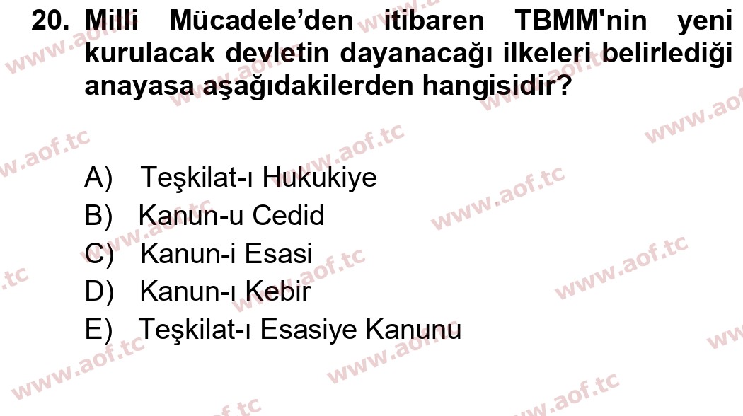 2017 Atatürk İlkeleri ve İnkılap Tarihi 1 Yaz Okulu 20. Çıkmış Sınav Sorusu