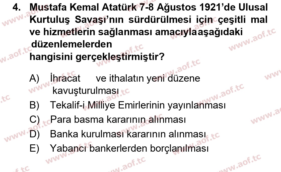 2017 Atatürk İlkeleri ve İnkılap Tarihi 1 Yaz Okulu 4. Çıkmış Sınav Sorusu