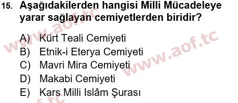 2018 Atatürk İlkeleri ve İnkılap Tarihi 1 Final 15. Çıkmış Sınav Sorusu