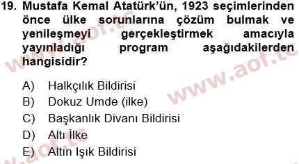 2018 Atatürk İlkeleri ve İnkılap Tarihi 1 Final 19. Çıkmış Sınav Sorusu